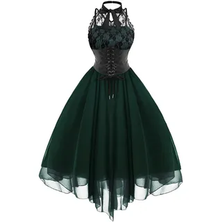 TRIGLICOLEUM Abendkleid Damen Gothic Partykleid mit Korsett Spitze Spleißen Ballkleid Elegant Einfarbig Neckholder Tunikakleid Chiffon Kleider Halloween Kostüm Vintage Steampunk Swing Cocktailkleid