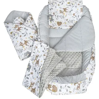 Medi Partners Babynestchen 5tlg Babynest Babydecke Steckkissen Kuschelnest Einschlagdecke Baumwolle REH mit Grauem Minky) - Weiß