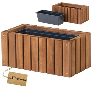 HOMERZO Holz Pflanzkasten Blumenkasten rechteckig – braun imprägniert, mit herausnehmbarem Kunststoff-Einsatz – Pflanzkübel für Balkon, Garten & Terrasse (Vertikal-braun, 45x23 H20)
