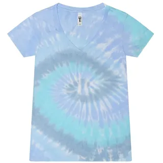 Colortone Batik V-Neck T-Shirt Damen XS-3XL | Batik Damen Tops Sommer mit verschiedenen Mustern | Basic Shirt Damen aus Baumwoll-Mix | Handgefärbtes Design Frauen Mädchen | Lagoon, XS - XS
