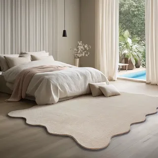 the carpet Lina Shape Scallop Teppich, Kunstfell, Flauschiger Teppich, Anti-Rutsch Unterseite, Waschbar, Super Soft, Beige, 160 x 220 cm