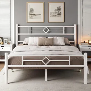 FEONASE Metallbett 140x200, Bett 140x200 mit Kopfteil und Fußteil, Bettgestell aus massiver Metall, Unterbettkommode, einfache Montage, weiß