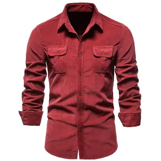 KCLEE Herren-Cordhemden Mantel Button-Down-Hemd Lässige Langarm-Jacke Shacket mit Brusttasche Herren-Langarmhemd in normaler Passform Baumwolle Lässige Button-Down-Hemden Cord-Herren-Business-Hemd - XL