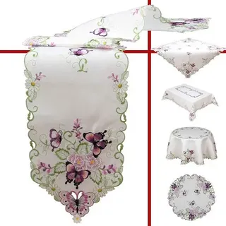 Quinnyshop Lila Schmetterlinge und Blumen Stickerei Tischdeckchen 20 cm Rund Polyester, Weiß