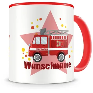 Samunshi® Kindertasse mit Namen Tasse Feuerwehr Auto Personalisierte Tasse mit Namen Kinder Kinderbecher personalisierter Text Kindergarten rot 300ml