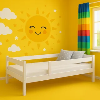 MEBLE WRÓBEL Kinderbett 90x180 cm mit Rausfallschutz & Lattenrost in Weiß, Einzelbett aus Kiefernholz für Kinder Mädchen Jungen Bett