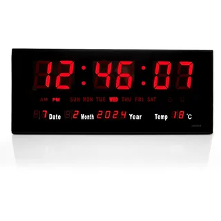 TruWare Just Camp Wanduhr Digital Groß LED Uhr mit Kalender Temperaturanzeige Studiouhr für Gewerbe Cafes Kiosk Digitaluhr XL (Rot)