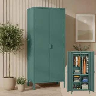 skølm Ituri Metallschrank, Kleiderschrank 80 cm breit, Dunkelgrün, 6 Fächer | 2 Kleiderstangen, Garderobenschrank, Schlafzimmerschrank im Industrial Style, Stahlschrank für Wohnzimmer & Büro, Flurschrank
