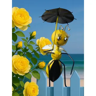 Pommerntraum ®| Regenmesser Pluviometer Biene Niederschlagsmesser Tierfigur | Ombrometer Gartenstecker Gartendeko Insekten Bienendeko Handarbeit Gartenkunst Geschenkidee Gartenfigur (LADY BEE MIT SCHIRM)
