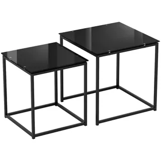 MODFU Beistelltisch 2er Set stapelbar 50x50x52 cm mit Tischplatte aus gehärtetem Glas Schwarz Stahlrahmen für Wohnzimmer und Lounge