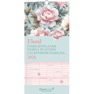 GreenLine - Floral Familienplaner 2026 – Wandkalender 22x45 cm, Familien-Kalender mit 5 Spalten, 12 floralen Monatsblättern, Stundenplänen & nachhaltiger Produktion für Familien und Naturfreunde