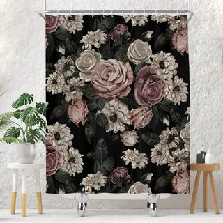 Duschvorhang mit Blumenmuster, für Badezimmer, Set mit dunkler Rosenblüte, Boho, viktorianischer Frühling, Wildblume, Frau, Vintage-Pflanzen-Badevorhang, 152,4 x 183,9 cm, dekorativer Polyesterstoff