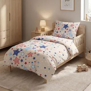 LINKHOFF Biber Kinderbettwäsche 100x135 Sterne Babybettwäsche 100 x 135 | Flanell Kinder-Bettwäsche 135x100 Beige Blau | Fein-Biber Mädchen u. Jungen für Kinder 100x135 / 40x60 Kissen