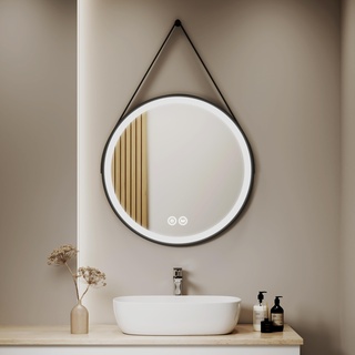 S'AFIELINA Badspiegel Rund 70cm Schwarz Badezimmerspiegel mit Beleuchtung Dimmbar LED Badspiegel Rund mit Touch Schalter 3 Lichtfarbe Warmweiß Neutral Kaltweiß Lichtspiegel