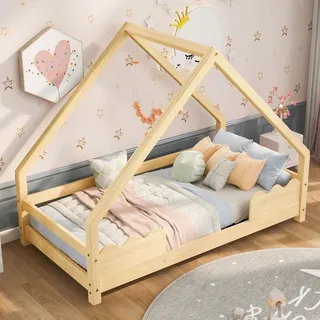 MODFU Hausbett 90 x 200 aus Massivholz,Kinderbett Gästebett mit Rausfallschutz und Lattenrost,Jugendbett,Spielbett ohne Matratze,Natur