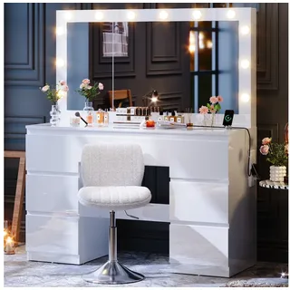 Furnicopia Schminktisch Großer verspiegelter Schminktisch mit sieben Schubladen (Abmessungen: 120 × 40 × 140 cm, 2 Steckdosen, 1 USB-Anschluss, 1 Typ-C-Anschluss. Spiegeldurchmesser: 106 cm. Inklusive Schmuckschrank mit speziellen Fächern für Halsketten, Ringe und Ohrringe-ostern geschenke) Schminktisch mit weiBem Hocker | 120 cm
