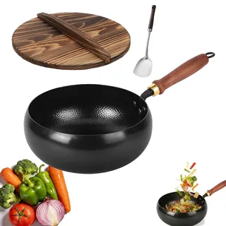 Leyof Tsubame Sanjo Pfanne, 2026 Neu Japanische Tsubame-Sanjo Meister Pfanne, Unbeschichtet, Handgefertigt zum Kochen, Braten, Induktionsgeeignet mit Holzgriff, Deckel Kochen (24 cm,Holzdeckel * A)