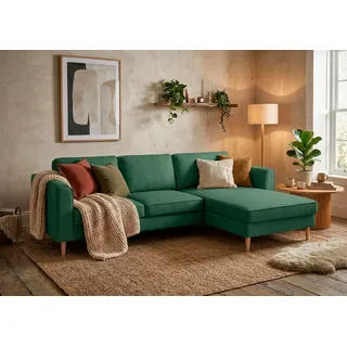 Home affaire Ecksofa Booster, whlw. mit Schlaffunktion & Bettkasten, Fuß Buche lackiert, Recamiere beidseitig montierbar, L-Form, in Cord & Struktur, B: 232 cm grün