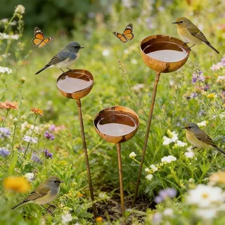 Huicare Gartendeko Vintage, 3er Vogeltränke Winterfest, Futterstation Vögel, Gartenstecker für Draußen Insektentränke, Bienentränke für den Garten, Rostdekoration für Blumenbeete