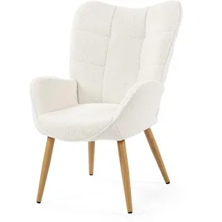 MEUBLE Cosy Sessel Relaxsessel Lehnstühle Polstersessel Einzelsofa mit Holzbein Ohrensessel für Wohnzimmer, Bouclé-Stoff, Beige