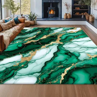 Kuluoits Waschbarer Smaragdgrüner Marmorteppich 160x230cm Mit Abstraktem, Fließendem Gold Linienkunst, Weicher, Bodenteppich, rutschfest für Wohnzimmer, Schlafzimmer, Esszimmer, Schlafzimmer und Bett