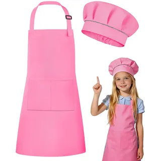 DiULi Kochschürze Kinder, Kinder Schürze und Kochmütze Set, Verstellbare Backschürze mit Taschen für Jungen Mädchen, Kinderschürzen für Kochen Backen Malen Basteln Party, Rosa-S