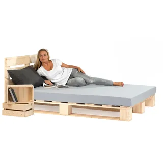 Lermowood Palettenbett M1 aus Holz 200 x 200 cm Natur mit Kopfteil Holzbett 20cm Stabiles Seniorenbett Kinderbett Jugendbett Gästebett erhöhtes Einzelbett Bettgestell Futonbett Komforthöhe Naturholz