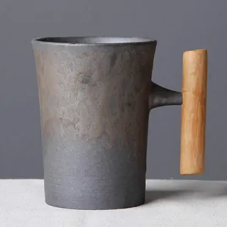 Thumbgeek Japanische Vintage Holzgriff Keramik Kaffeetasse Wasserbecher für Zuhause und Büro (Grau-B)