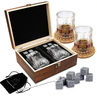 Whisky Steine Geschenkset – 8 Whisky Eiswürfel Wiederverwendbar und 2 * Whiskygläser, Whiskey Rocks Cooling Stones, Geschenk Box aus Holz, Männer und Frauen.