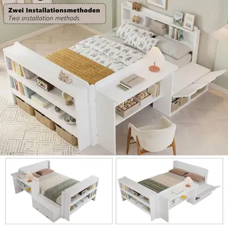 Merax Holzbett Kinderbett 120x200 cm mit Schreibtisch, Stauraum & Klapptür, Funktionsbett mit Fußregal, Seitenmodul links/rechts montierbar, Weiß - Weiß