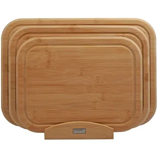 Cooks Professional Index Schneidebrett Set | 3er Set Bambus Schneidebretter mit Ständer | Holz Schneidebretter für Obst & Gemüse | Gekochte Lebensmittel | Brot | Natur