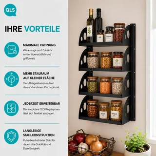QLS Wandregal Set mit 4 Regalböden 40x25 cm aus Stahl für Garage Keller 11499 - Schwarz