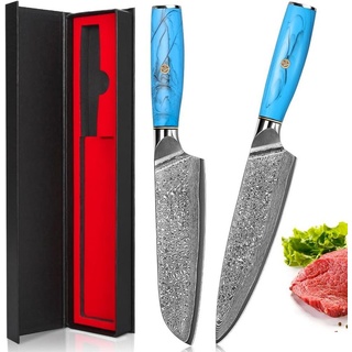 KingLux Messer-Set 2tlg. Damastmesser Set Küchenmesser Damaststahl chefmesser (2-tlg) blau