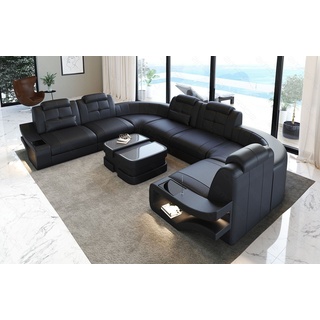 Sofa Dreams Wohnlandschaft Leder Couch Sofa Elena U Form Ledersofa, U-Form Ledersofa mit LED-Beleuchtung schwarz