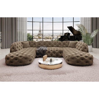 Sofa Dreams Wohnlandschaft Samtstoff Sofa Designer Couch Lanzarote U Lounge Stoffsofa, Couch im Chesterfield Look braun