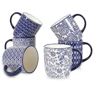 Selamica Porzellan-Kaffeetassen, 284 ml, 6er-Set, mit Griff, Kaffeetassen aus Keramik für Cappuccino, Latte, Kakao, Milch, Tee, spülmaschinenfest, mikrowellengeeignet, Vintage Blau