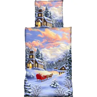 4 teilig Flausch Bettwäsche 135x200 cm Winterlandschaft weiß blau Thermofleece - Weiß