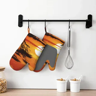 Silikon Ofenhandschuhe 2 Stück Lustige Afrikanische Sonnenuntergang Ofenhandschuhe für Frauen Männer Hitzebeständige Grillhandschuhe Wasserdicht Rutschfeste BBQ Handschuhe für Küche Kochen
