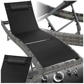 tectake Gartenliege Rattan Sonnenliege, abnehmbares Kopfkissen, 69 x 211 x 41 - 94 cm, Balkonliege Moana, 1 St., für Außen in Grau meliert, widerstandsfähig und UV-beständig, luftdurchlässig, verstellbar grau