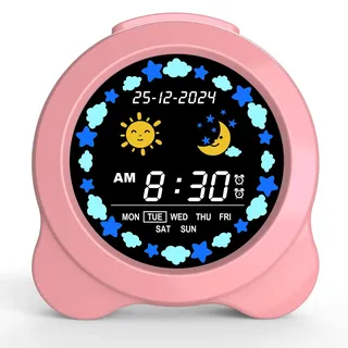 SENXINGYAN Kinderwecker, Wecker Kinder mit Sonne & Mond-LED-Anzeige, Tag & Datumsanzeige, Schlaftrainer für Kinder mit Nachtlicht & Schlafgeräuschen, Niedlicher Wecker für das Kinderzimmer
