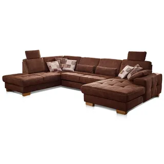 CAVADORE Wohnlandschaft Puccino mit Federkern, verstellbarer Rückenlehne und 2 Kopfstützen / Sofalandschaft in U-Form im Landhaus-Design / 340 x 86 x 224 cm / Mikrofaser braun