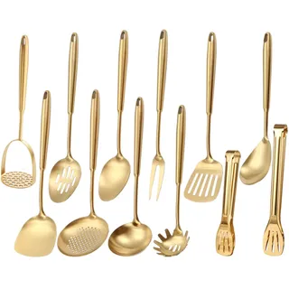 Goldfarbenes Küchenutensilien-Set, 12-teilig, Messing, matt, Servierutensilien, 18/10 Edelstahl, alle Metall-Kochwerkzeuge – Kartoffelstampfer, Zange, Fleischgabel, Spatel, Pfannenwender, Schöpflöffel