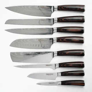 Timberjacks Küchenmesser-Set, 8-teilig, Edelstahl mit Pakka-Holzgriff, Damaskus-Optik, Profi-Messerset inkl. Kochmesser, Santoku, Brotmesser uvm.
