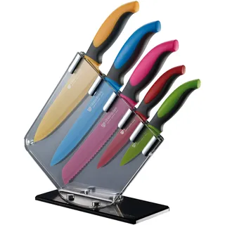 GRÄWE Messer-Set 6-teilig, bunt, Antihaft-Klingen, rutschfeste Griffe, Acryl-Messerhalter, Kochmesser, Küchenmesser, Gemüsemesser, Allzweckmesser, Brotmesser