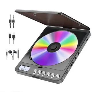 Tragbarer CD-Player Bluetooth mit Kopfhörern, Wiederaufladbarer CD Player Tragbar mit Lautsprecher und FM Transmitter 2000mAh Lithium-Akku Discman CD Players Tragbar für Erwachsene Studenten Kinder