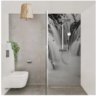 Bilderdepot24 Duschrückwand Wasserfall schwarz weiß Duschrückwand ohne Bohren Natur, (1-tlg., 0,61 mm starke Folie selbstklebend Wandpaneele Dusche versch. Größen), fugenlose & wasserfeste Motiv Rückwand Wandverkleidung für Duschkabine schwarz 80 cm x 190 cm
