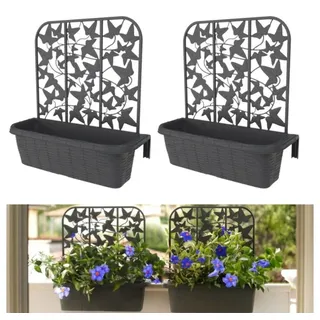 GarPet 2x Balkonkasten mit Spalier für Kletterpflanzen Blumenkasten Geländerkasten Rattan Optik Balkon Geländer Kasten Halterung Wasserspeicher Anthraz