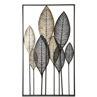 Casablanca Metallbilder Wanddeko Bilder Metall – moderne Wanddekoration Wohnzimmer – Wandbild 3D Metallbild Wand Deko Blumen Blätter Wall Decoration 95 x 53 cm Braun Gold Creme Naturtöne