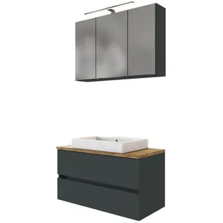 Basera® Badmöbel-Set XXL Badmöbel Set Ninette 100 cm breit, anthrazit, inkl. LED-Spiegelschrank und Waschtisch, mit Waschbeck...