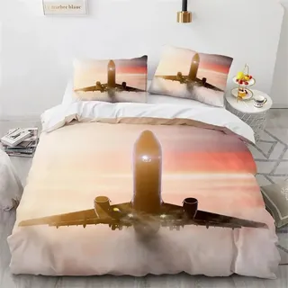 Flugzeug-Bettbezug-Set für Kinder, 3D-Druck, farbenfrohes Sonnenuntergangs-Flugzeug-Bettwäscheset für Jungen, Flugzeug-Bettbezug-Set 150 x 200 cm (59 x 79 Zoll) + 50 x 75 cm (20 x 30 Zoll) * 2